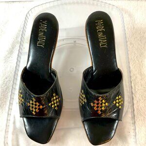 Black Leather Studded Brass Heels Slides Sandals Sz 8.5 Narrow made in Italy